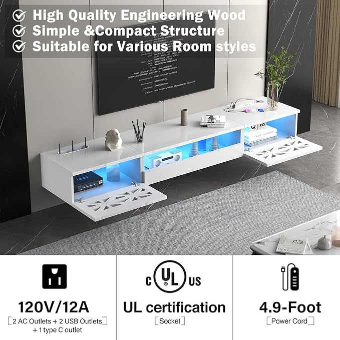 Floating TV Stand, 71" Floating Entertainment Center Wall Mounted,Floating Wall Mounted TV Shelf with Modern High Gloss tv Cabinet Media Console with Storage