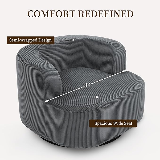 Furnimart 360° Swivel Barrel Accent Chair Set of 2, Round Upholstered Comfy Lounge Chair, Corduroy High-Resilienc Foam Single Sofa, No Assembly Wide Seat for Living Room, Bedroom, Apartment (Gray)