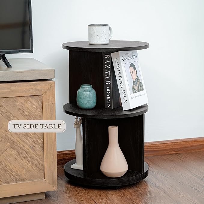 KAYMILY Living Room Side Table, Office Round Bookshelf End Table, Bedroom Mid Century Modern Nightstands, Contemporary Accent Tables - Easy Assembly - MDF Wood - Stationary - Black
