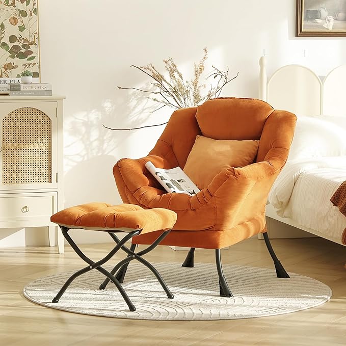 Large Lazy Chair with Ottoman, Accent Reading Chair with a Throw Pillow, Cozy Lounge Chair with Armrest, Leisure Sofa Chair for Living Room, Bedroom, Dorm Room, Velvet Tangerine