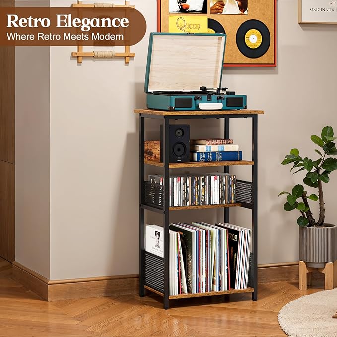 Record Player Stand with Storage Up to 100 Albums and 40 CDs, 4 Tier Vinyl Record Storage for Living Room, Turntable Stand with Record Holder & Display Shelf