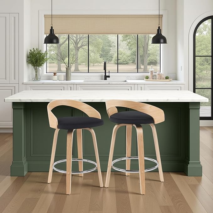 Sonia Modern Swivel Counter Height Bar Stool with Black Upholstered Seat and Patterned Oak Wood Finish Set of 2