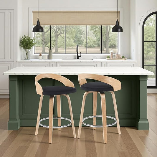 Sonia Modern Swivel Counter Height Bar Stool with Black Upholstered Seat and Patterned Oak Wood Finish Set of 2