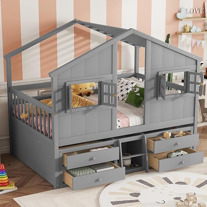 KEIKI Full Size Wooden House-Shaped Loft Bed with Roof, Windows, 4 Storage Drawers, Guardrail, Ladder, for Boys and Girls, Loft Bed with Slats, Easy Assembly, No Box Spring Required, for Bedroom, Grey