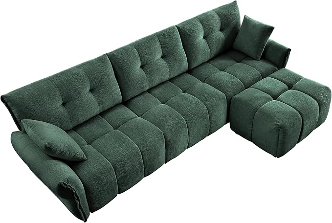 Modern Chenille Fabric 3-Seat Sofa w/Ottoman+2 Pillows, Premium Upholstery Living Room Couch with Tufted Backrest & Comfortable Armrests and High-Resilience Memory Foam Cushions,Green