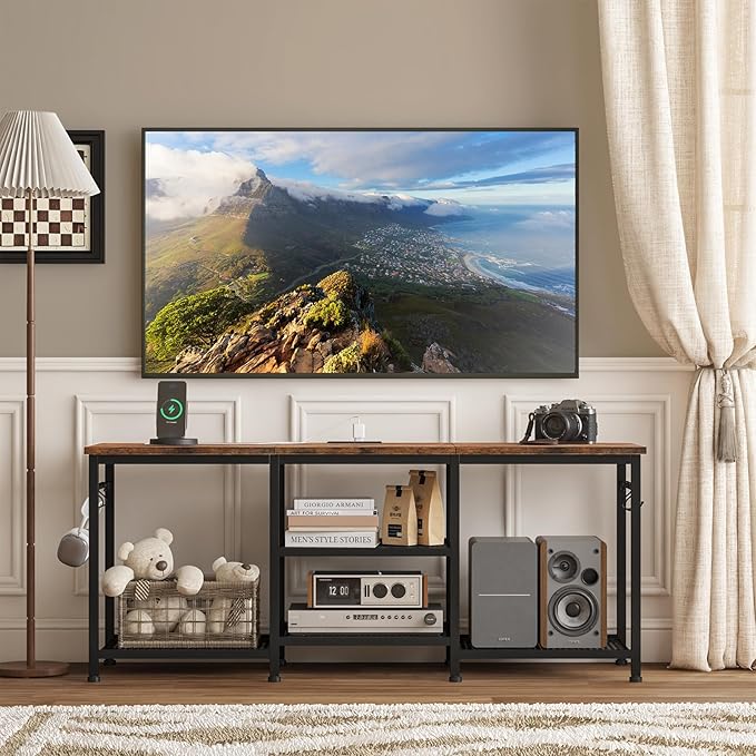 YGEOMER Entertainment Center for 55 inch TVs, TV Stand with Power Outlet and Open Storage Shelves, TV Media Console Table for Living Room and Bedroom, Rustic Brown