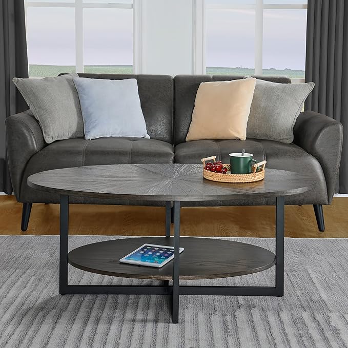 Solid Wood Oval Coffee Table with Cross Metal Legs, 43.3in Modern Industrail Center Table with Open Shelf Cocktail Tea Table for Living Room Bedroom, Rustic Black 1811BK