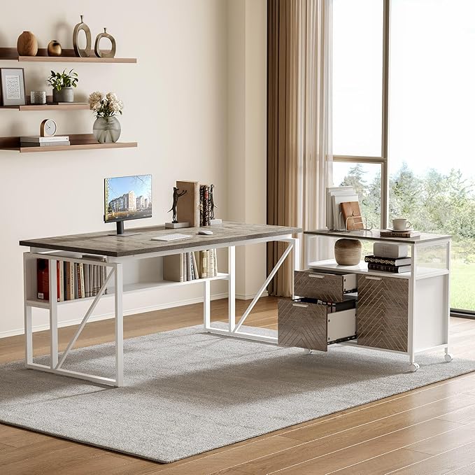 LITTLE TREE 63-Inch Office Desk with 31.5-Inch Lateral File Cabinet, Study Writing Desk Computer Desk for Home Office