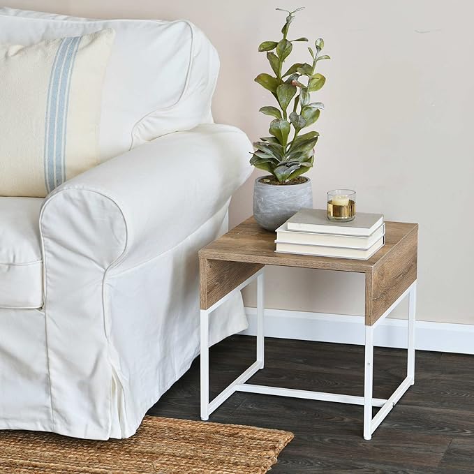 Household Essentials Wrap Square Side End Table Coastal Oak Rustic Wood Grain and White Metal