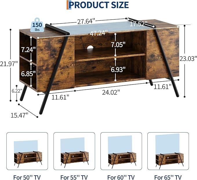 GAOMON TV Stand for 60 55 50 45 Inch TV, 47" Mid Century Modern Entertainment Center with Adjustable Open Shelves & Metal Legs, Industrial Media Console Table for Living Room, Rustic Brown