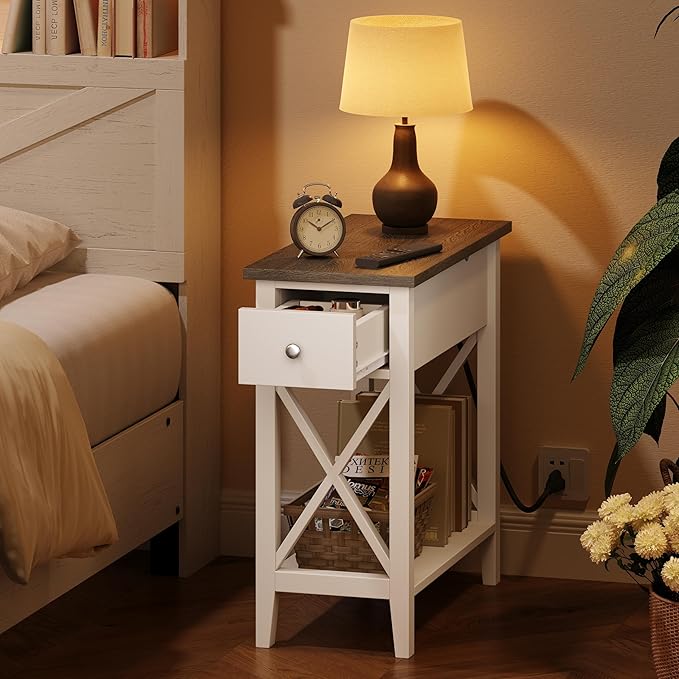 ChooChoo Farmhouse End Table with Charging Station, Accent Small Side Table Nightstand for Living Room, Bedroom, and Small Spaces - Soft White
