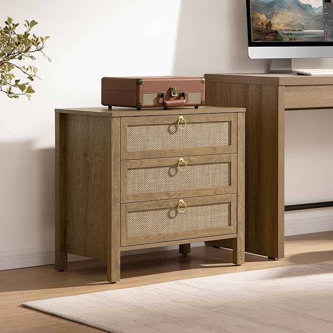 SICOTAS Night Stand with Drawers, Large Rattan Bedside Table with Golden Handle, 3 Drawers Nightstand Tall End Table Side Table Boho Nightstand for Bedroom