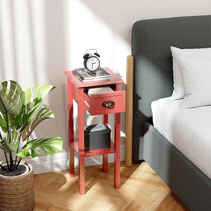 HOMCOM 2-Tier Side Table with Drawer, Narrow End Table with Bottom Shelf, for Living Room, Set of 2, Red