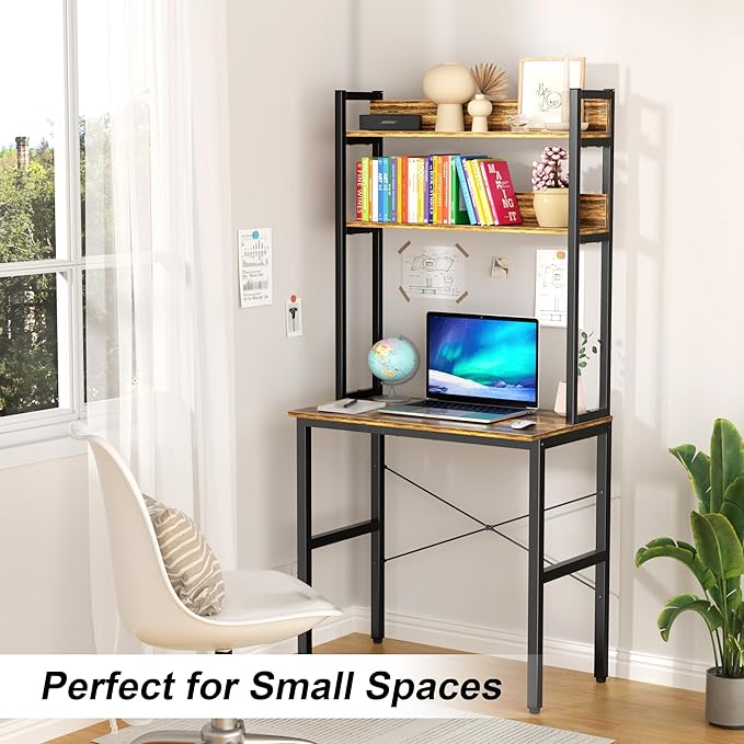 Aquzee 31 Inch Desk Hutch, Teen Desk with Shelves, Study Desks with Storage, Computer Desks for Small Spaces, Kids, Student, Space Saving, Easy Assemble, Rustic Brown
