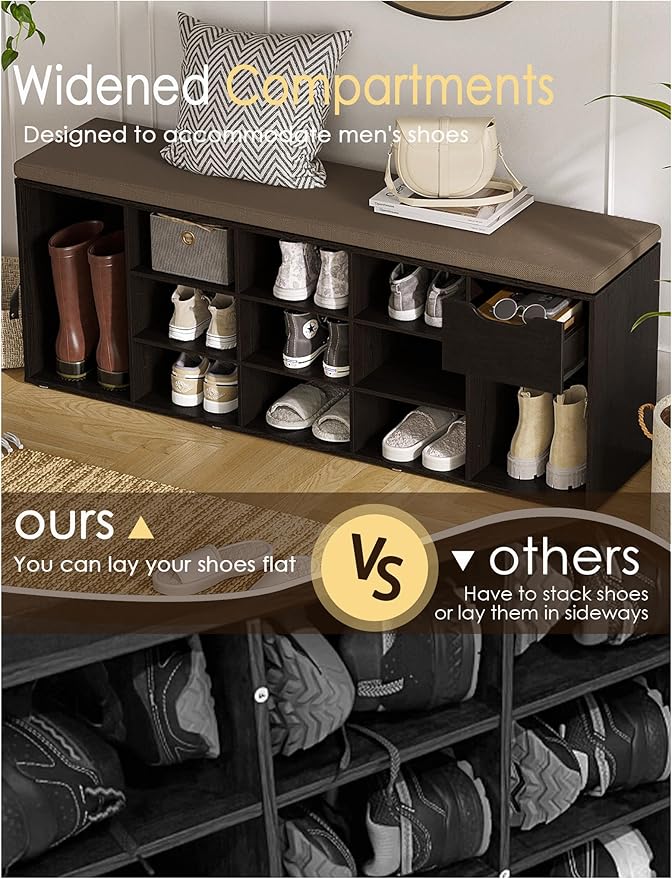 DINZI LVJ Shoe Bench, Entryway Storage Bench with Drawer and 14 Cubbies, Long Cubby Shoe Rack with Adjustable Shelves, Organizer for Living Room, Bedroom, Mudroom, Garage, Espresso