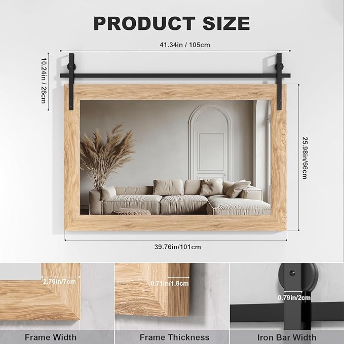 Hasipu Farmhouse Bathroom Mirror, 40"x26" Rustic Wood Framed Wall Mounted Mirror, Brown Vintage Vanity Mirror Barn Door Style Decrative Mirrors