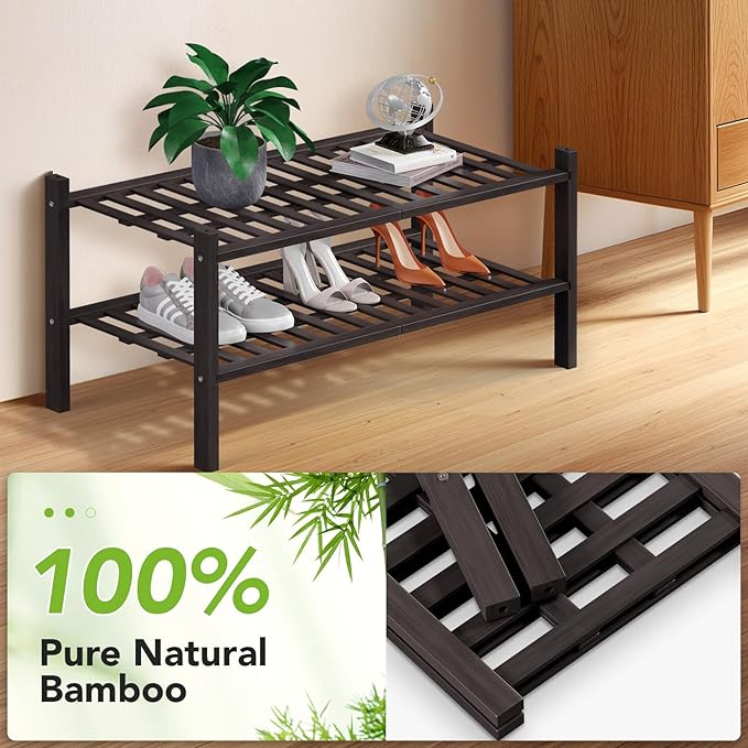 Haddockway 2 Tier Bamboo Shoe Rack Storage Organizer, Multifunctional Free Standing Stackable Shoe Shelf with Grid Panel for Closet,Hallway,Entryway,Small Space 27"x11"x13"(Brown, 2 Tier)