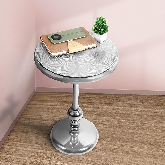 CLEENTABLE Pedestal Round Side Table- Lightweight Metal Table for Farmhouse,Indoor/Outdoor Nightstand for Living Room, Bedroom, Corners, Office - Modern Design, Easy Assembly 21" (Silver)