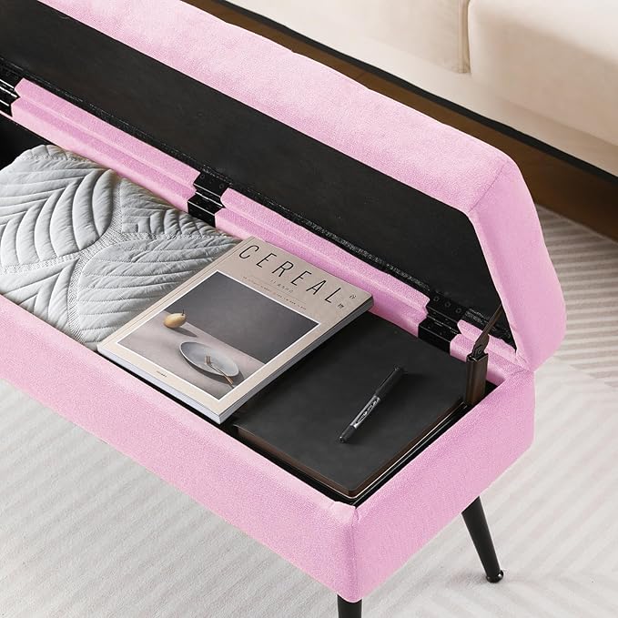 CUYOCA Storage Ottoman Bench, 43.5" Upholstered Entryway Bench, Long Ottoman with Storage for Living Room, Support 660lbs - Fabric Pink