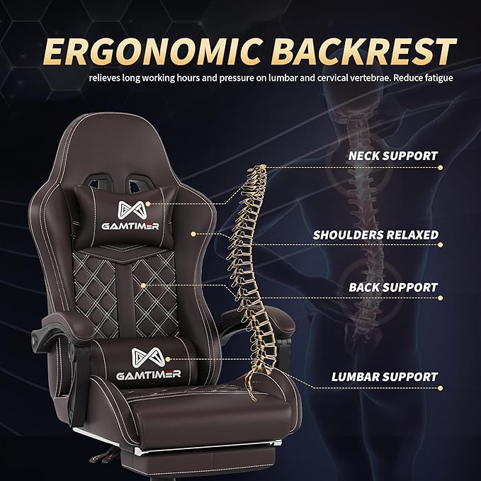 Gaming Chair, 400 lbs Adult Chair, High Back Computer Chair with Footrest and Linked Armrests, Office Video Game Chair with Lumbar Support (Brown)