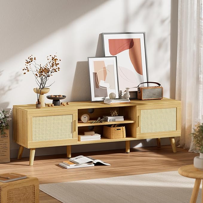 SUPERJARE Boho TV Stand for 65 Inch TV, Entertainment Center with Adjustable Shelf, Rattan TV Console with 2 Cabinets, Media Console, Solid Wood Feet, 4 Cord Holes, for Living Room - Natural