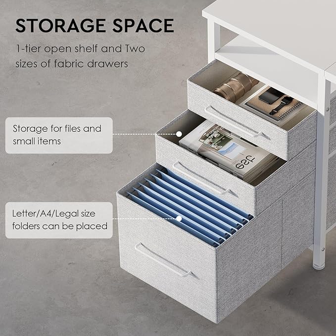 Ｍａｉｈａｉｌ Maihail Small Desk with Drawers, 47 inch Computer Desk with Shelves, Writing Desk with Storage, Small Office Desk with Metal Frame, White