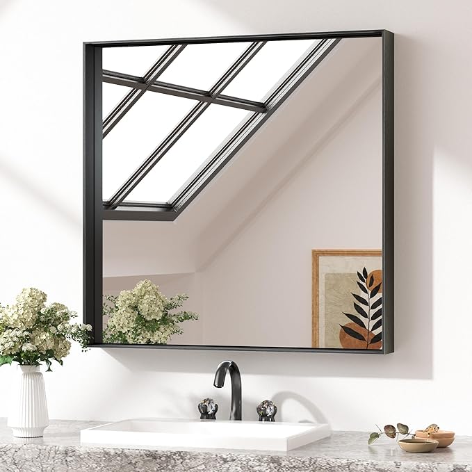 Keonjinn 30x30 Inch Black Bathroom Mirror, Modern Farmhouse Rectangular Wall Mirror with Aluminum Alloy Frame, Horizontal/Vertical Mounting
