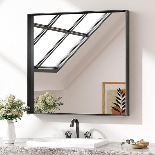 Keonjinn 30x30 Inch Black Bathroom Mirror, Modern Farmhouse Rectangular Wall Mirror with Aluminum Alloy Frame, Horizontal/Vertical Mounting