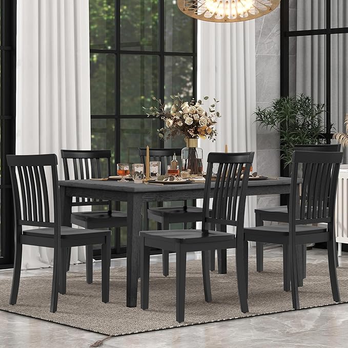 COLAMY Wooden Dining Chairs Set of 6, Solid Rubberwood Kitchen & Dining Room Chairs, High Spindle Back Windsor Style, Modern Dining Table Chairs, Non-Slip Foot Pads, Minimalist Home Furniture,Black