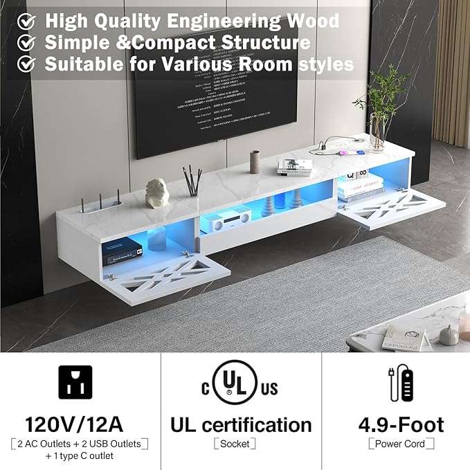 Floating TV Stand, 71" Floating Entertainment Center Wall Mounted,Floating Wall Mounted TV Shelf with Led Lights and Power Outlet,Modern High Gloss tv Cabinet Media Console with Storage
