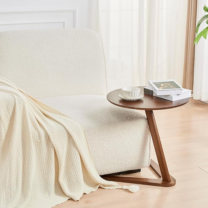 CozyDH Round End Table, Solid Wood C Shape Round Side Table, Walnut Coffee Bedside Table, Small Nightstand for Bedroom Living Room Office