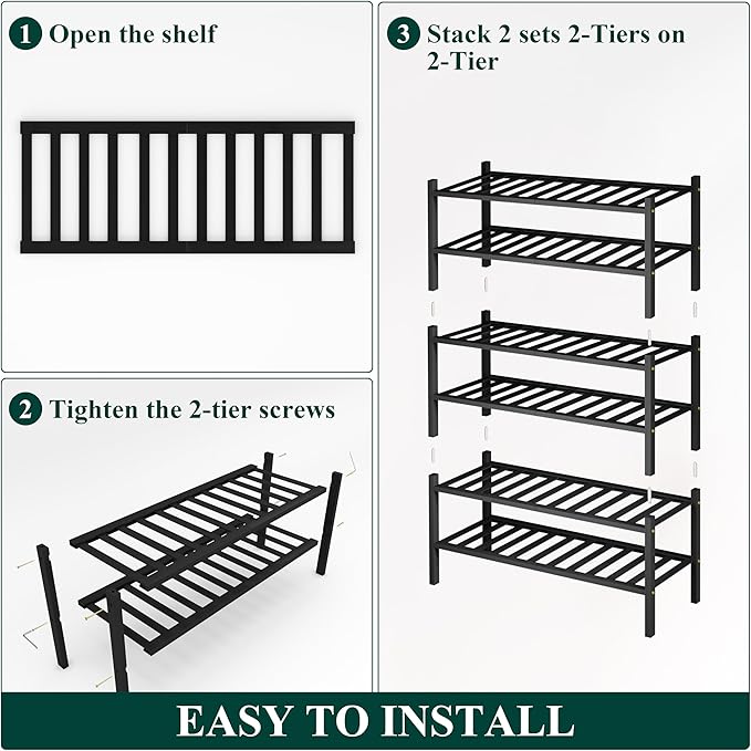 Smiry Shoe Rack, 6 Tier Thick Bamboo Shoe Organizer, Stackable Free Standing Wooden Shoe Storage Shelf for Closet, Entryway, Front Door Entrance, Black