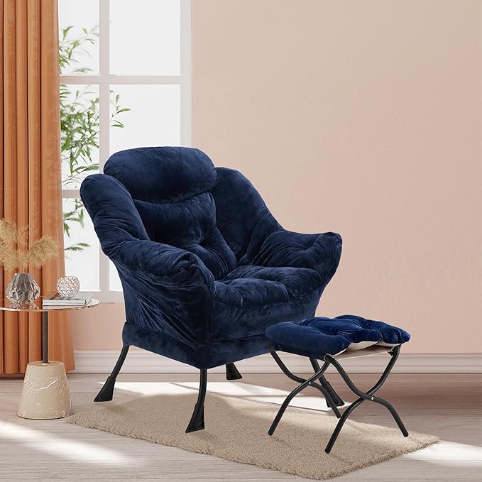 Lazy Chair with Folding Ottoman, Accent Chair Plush Upholstered with Metal Structure and Non-Slip Pads, Sofa Armchair with Footrest and Side Storage Bag for Dorm, Room, Office, Navy Blue