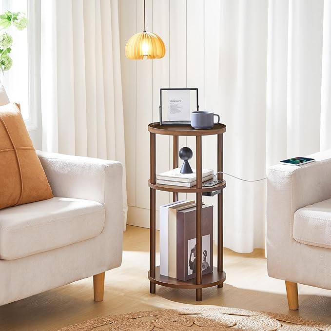 HOOBRO Small Round Side Table with Charging Station, 3-Tier Round Bamboo End Table, Compact Sofa Bedside Table for Small Space, Easy Assembly, for Living Room, Bedroom, Apartment, Mocha MA152UBZ01