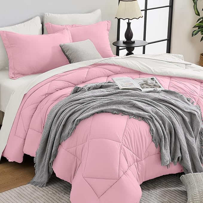 HEVUMYI Twin Comforter Set - 5-Piece All Season Bed in a Bag Twin, Ultra Soft Bedding Set with Comforter, Flat Sheet, Fitted Sheet, Pillowcases, Pillow Shams, Pink & Ivory