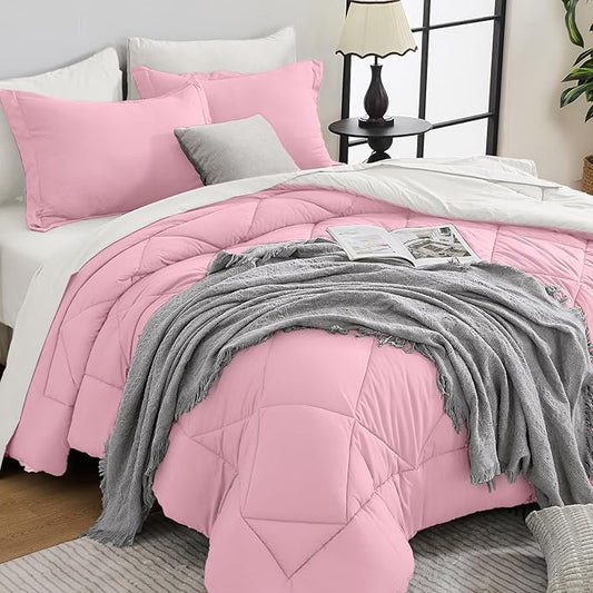 HEVUMYI Twin Comforter Set - 5-Piece All Season Bed in a Bag Twin, Ultra Soft Bedding Set with Comforter, Flat Sheet, Fitted Sheet, Pillowcases, Pillow Shams, Pink & Ivory