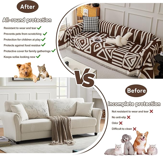 HANDONTIME Chocolate Boho Couch Cover Reversible Sofa Covers for 3 Cushion Couch Washable Sofa Cover for Dogs Dark Couches Covers Chenille Couch Protector Covers for Sofa, 71" X102"