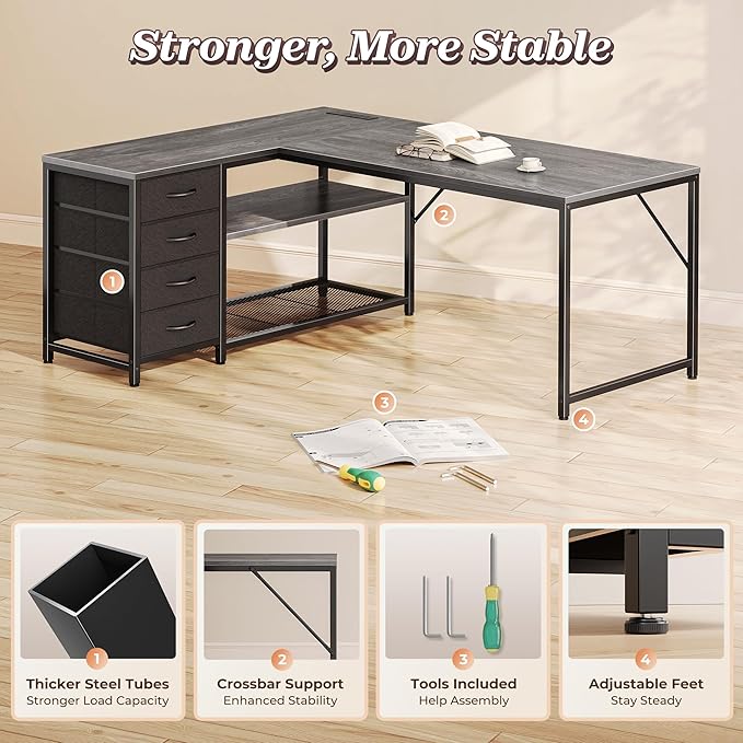 PRAISUN 53" L Shaped Desk with Power Outlets and USB-C Port, Reversible Computer Corner Office Desk with 4 Fabric Drawers and 2 Height-Adjustable Shelves, Large for Gaming Writing Work Study, Grey
