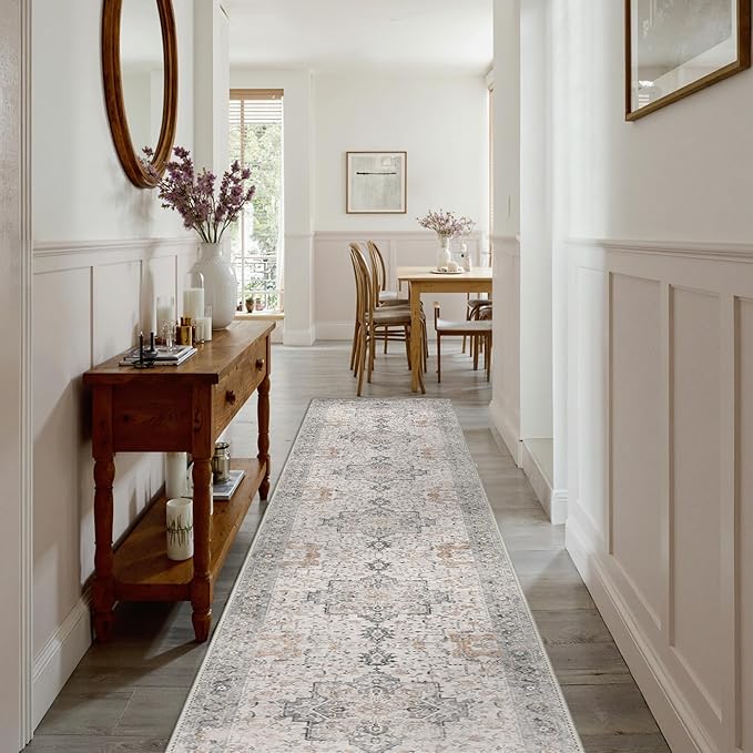 GENIMO 2'6''x18 Runner Rugs for Hallway, Machine Washable Non Slip Vintage Rugs, Low Pile Soft Chenille Print Rug for enrtyway, Corridor, Home Office,Light Taupe Brown
