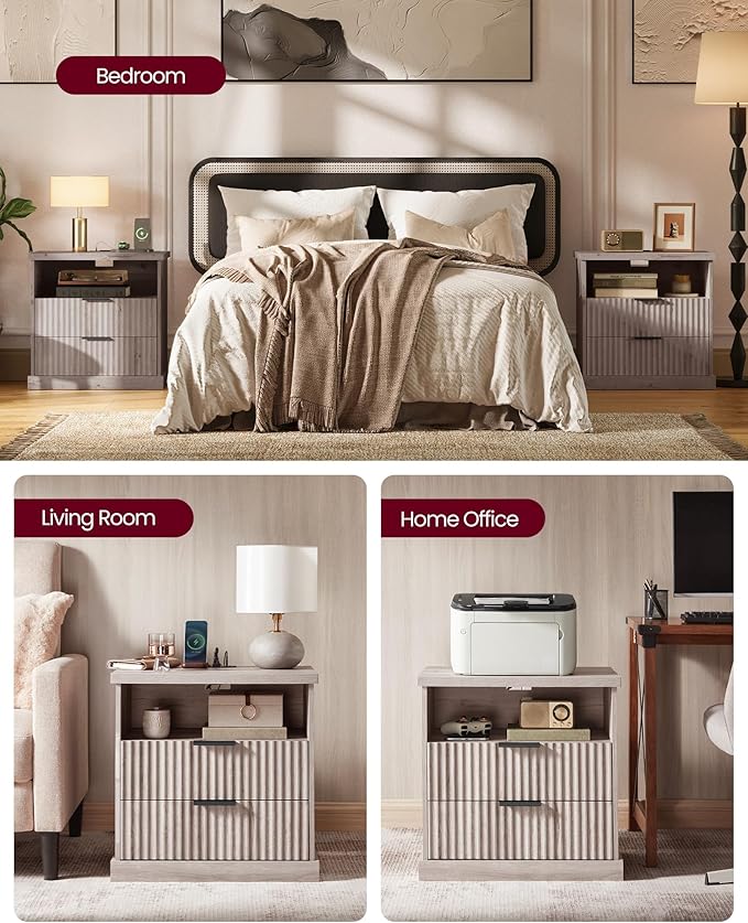 VASAGLE MAXE Collection - Nightstand with Charging Station, Bedside Table, Side End Table with 2 Drawers, Open Shelf, 2 AC Outlets, 2 USB Ports, Transitional, for Bedroom, Washed Gray ULET626G01S