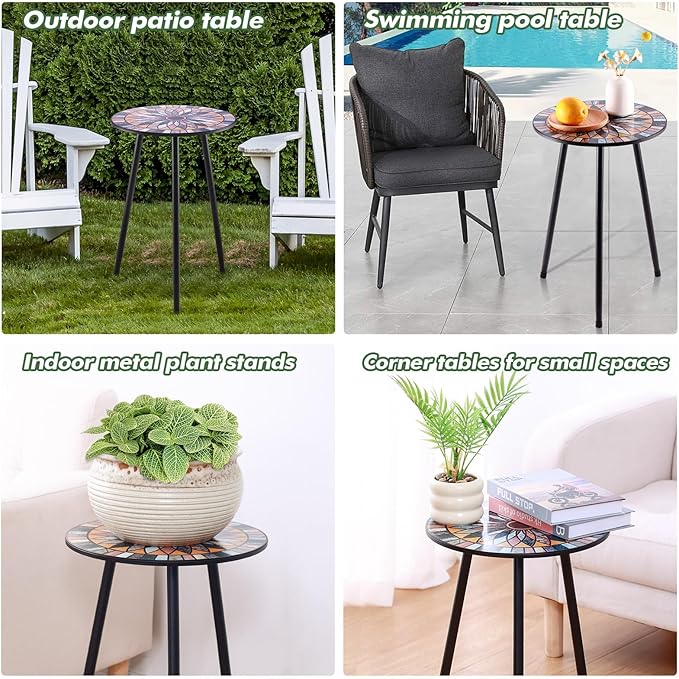 1 Pack Metal Mosaic Round Side Table Small 13.4" End Patio Round Accent Table Garden Corner Stand for Small Spaces Weather-Resistant for Balcony Plant Stand Indoor Outdoor
