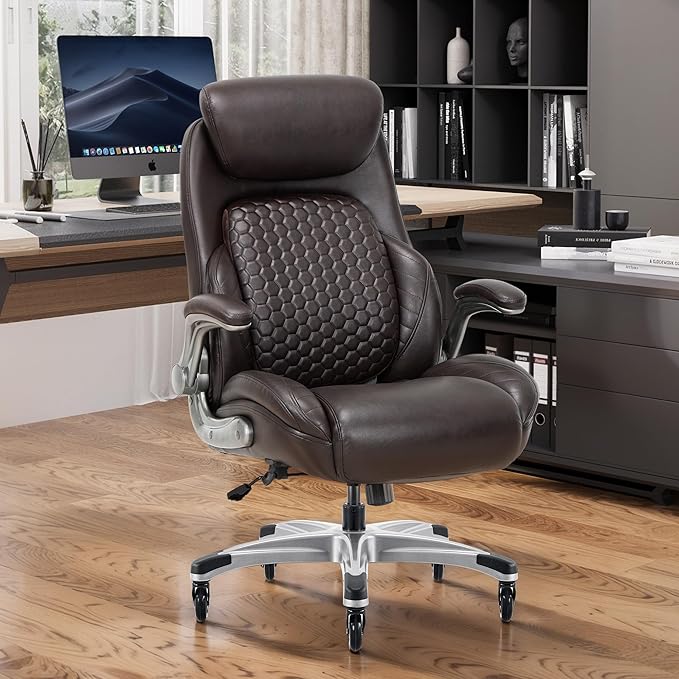 COLAMY Office Ergonomic Desk High Back Executive Chair with Pop-Out Lumbar Support, Upgraded Casters, Adjustable Headrest, Flip-Up Arms, Leather Home with Thick Cushion for Comfort - Brown