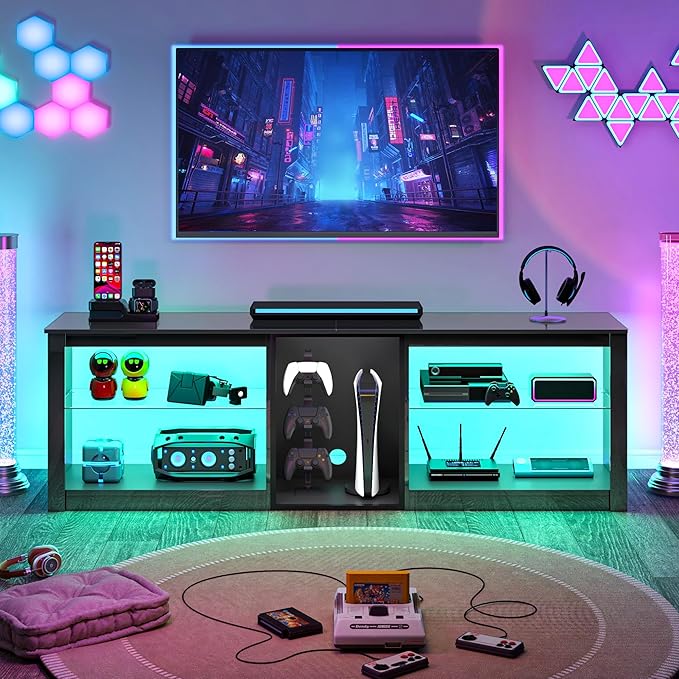 Clikuutory 63 inch High Gloss LED TV Stand for 50 55 60 65 70 75 inch TV, Gaming Entertainment Center for PS5, TV Cabinet with Glass Shelves for Living Room, Bedroom, Bright Black