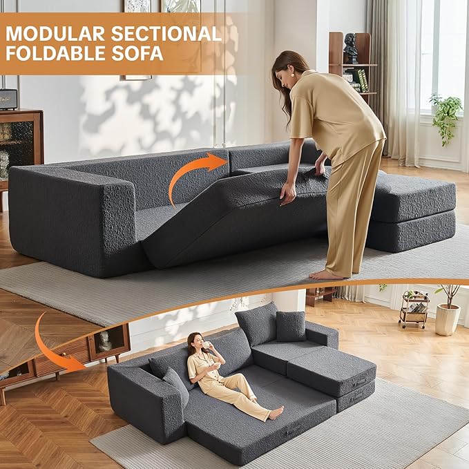 108" Modular Sectional Cloud Sofa - Boneless Couch with Deep Seat, Non Slip Base, Folding Sofa Sectional Couches for Living Room, Cozy Modular Couch with L-Shape Chaise, No Assembly Required, Grey