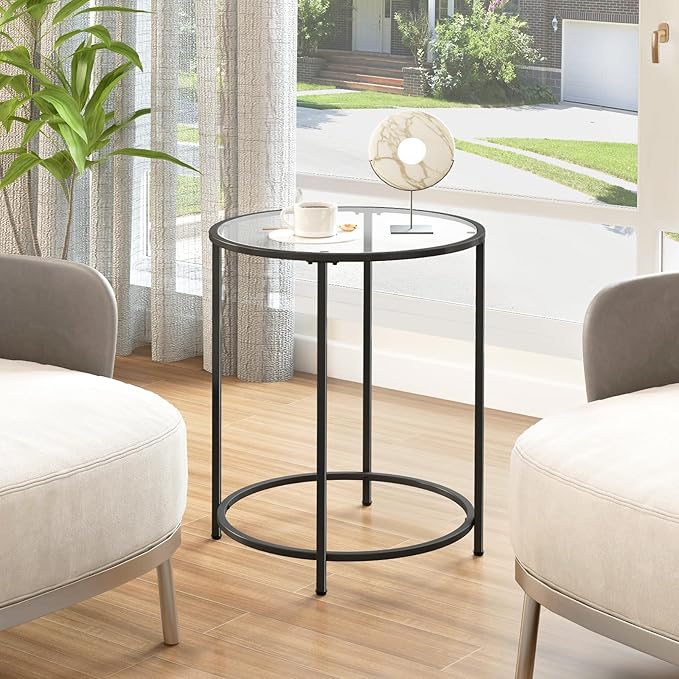 19.7’’ Round Glass End Table, Round Bedside Table with Tempered Glass Top, Black Glass Side Table with Metal Frame, Modern Round End Table for Living Room Balcony Bedroom Porch Patio
