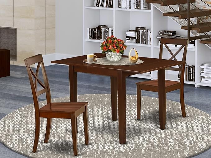 East West Furniture NDBO3-MAH-W 3 Piece Dining Set Contains a Rectangle Dining Room Table with Dropleaf and 2 Wood Seat Chairs, 30x48 Inch, Mahogany