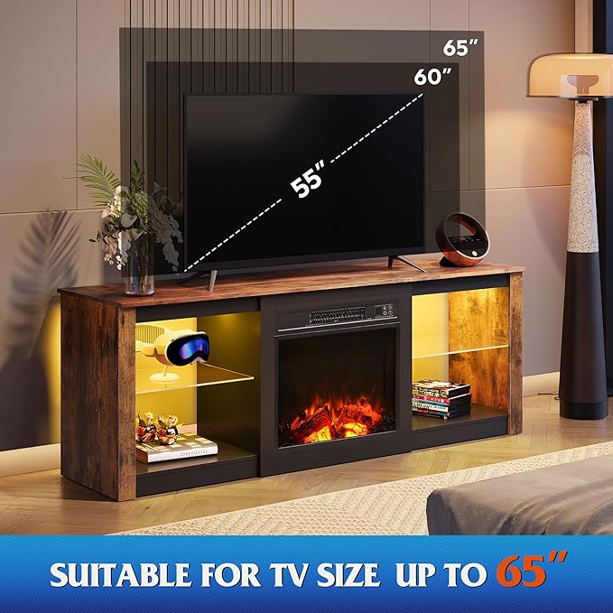 WLIVE 58 Inches Fireplace TV Stand with LED Lights, Modern Entertainment Center with 18'' Electric Fireplace & Adjustable Glass Shelves, Sturdy Media Console for Living Room, Bedroom,Gaming (Brown)