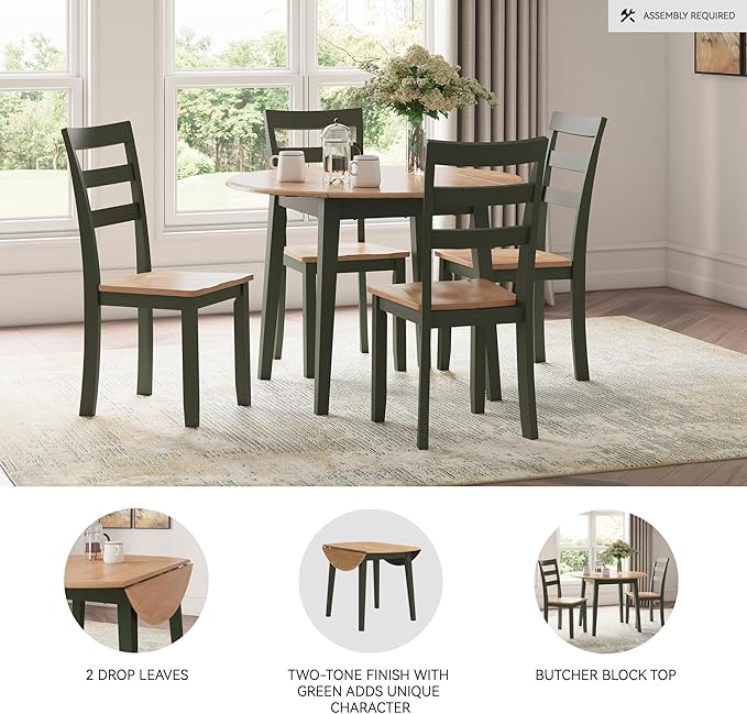 Signature Design by Ashley Gesthaven Modern Dining Drop Leaf Table with 4 Legs, Light Brown & Green