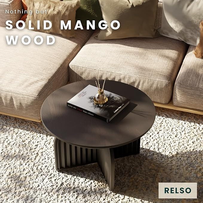 Charon Coffee Table – Solid Mango Wood Round Accent Table, Handcrafted Black Finish – Modern Coffee Table for Living Room, Patio, Bedroom, or Apartment – Compact, Durable, Easy Assembly Design
