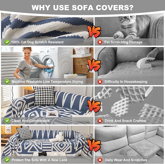 STACYPIK Thick Boho Couch Covers for Dog Cat, Modern Blue Triangle Sofa Cover for Living Room, Reversible Furniture Protector for 3 Cushion Couch, Anti Slip Jacquard Loveseat Covers for Sofa-71X118IN